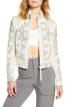 Blanc Noir Blanc Noir Snakeskin Print Quilted Leather & Mesh Moto Jacket 