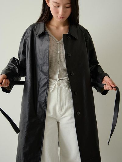 blank03 Coated Cotton Belted Trench Coat [Black]