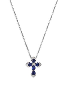 Bloomingdale's Fine Collection Bloomingdale's Fine Collection Blue Sapphire & Diamond Cross Pendant Necklace in 14K White Gold, 17.9
