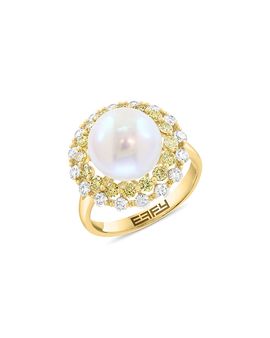 Bloomingdale's Fine Collection Bloomingdale's Fine Collection Pearl Spring Freshwater Pearl & White & Yellow Diamond Halo Ring in 14K Yellow Gold