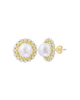 Bloomingdale's Fine Collection Bloomingdale's Fine Collection Pearl Spring Freshwater Pearl, Yellow Diamond & White Diamond Halo Stud Earrings in 14K Yellow Gold