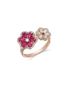 Bloomingdale's Fine Collection Bloomingdale's Fine Collection Ruby & Diamond Flower Cuff Ring in 14K Rose Gold