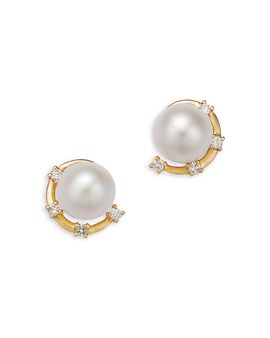 Bloomingdale's Fine Collection Bloomingdale's Fine Collection Spring Pearl Freshwater Pearl & Diamond Demi Frame Earrings in 14K Yellow Gold