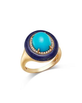 Bloomingdale's Fine Collection Bloomingdale's Fine Collection Turquoise, Lapis, & Diamond Oval Halo Ring in 14K Yellow Gold