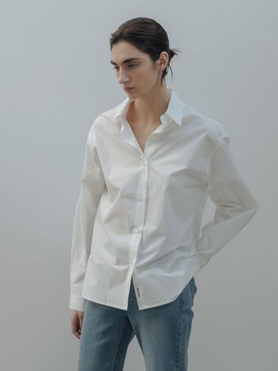 BLUE BRICK Bio-washed Cotton Semi-overfit Shirt [Ivory]