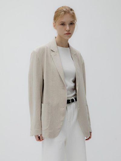 BLUE BRICK Linen Cotton Semi-Overfit Rounded Hem Jacket [Natural]