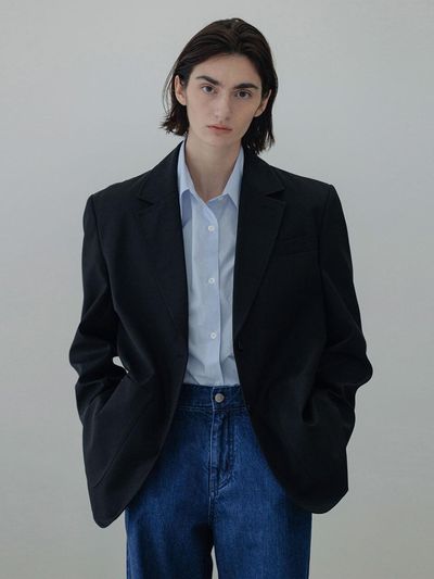 BLUE BRICK Overfit Cotton Structured Blazer [Black]