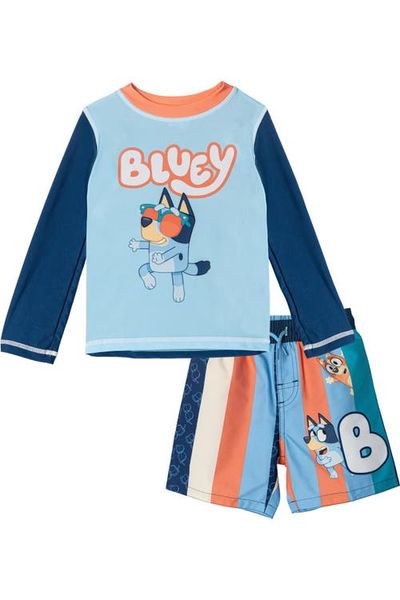 BLUEY BLUEY UPF 50+ 2-Piece Rash Guard and Swim Trunks Set