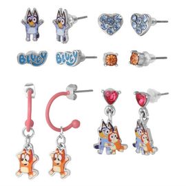 BLUEY Earrings Set 6 Pairs Official License, Fashion Studs, Hoops, and Bluey and Bingo Dangle Charm Earrings with Crystals