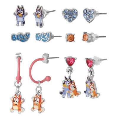 BLUEY Earrings Set 6 Pairs Official License, Fashion Studs, Hoops, and Bluey and Bingo Dangle Charm Earrings with Crystals