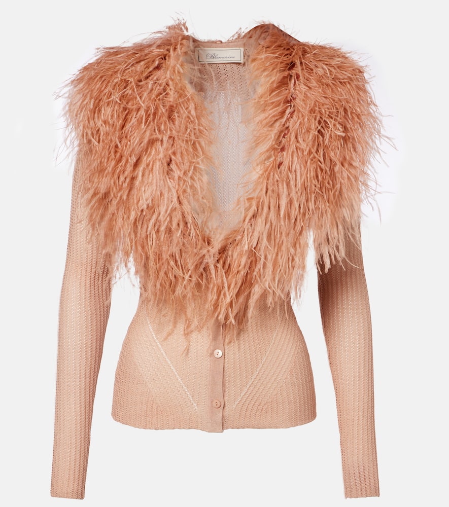 Blumarine - Feather-trimmed ribbed-knit cardigan