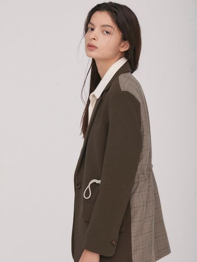 BLUV Contrasted Check Jacket_Khaki Brown