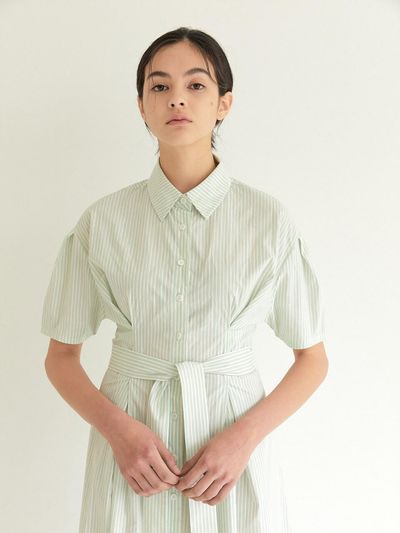 BLUV Tucked Collar Dress Light Green Stripe