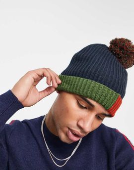 Boardmans Boardmans ribbed hem bobble beanie hat in multi