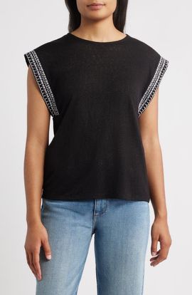 Bobeau Bobeau Caty Embroidered Sleeve Knit Top