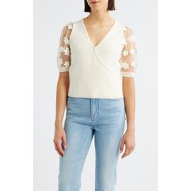 Bobeau Bobeau Floral Appliqué Short Sleeve Surplice Sweater