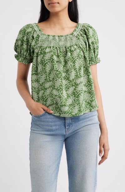 Bobeau Bobeau Leaf Print Smocked Yoke Top