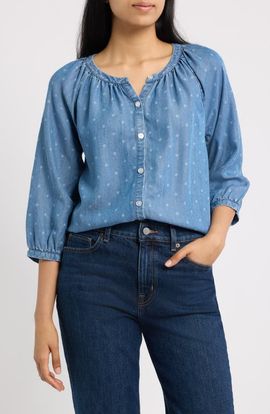 Bobeau Bobeau Smocked Neck Button-Up Top