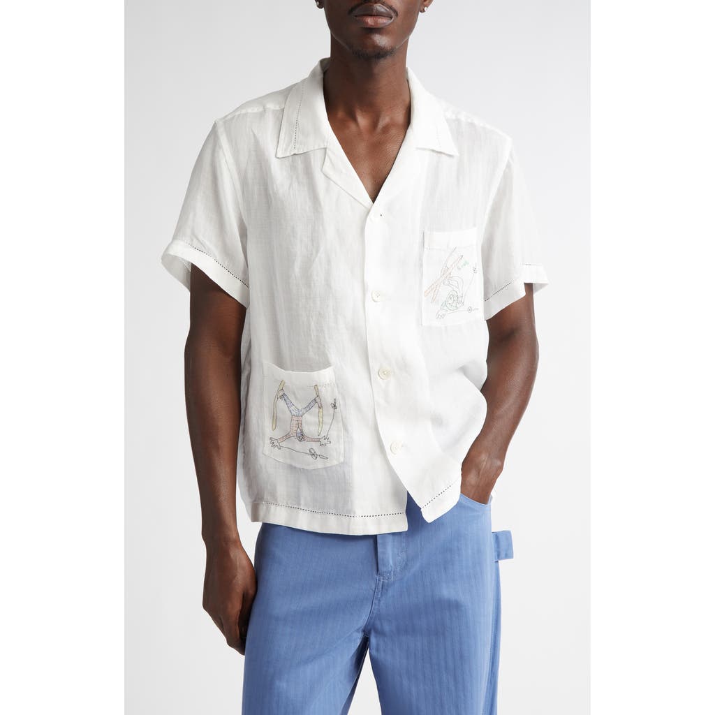Bode Bode Skiers Embroidered Linen Camp Shirt
