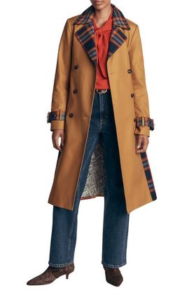 Boden Boden Plaid Accent Double Breasted Cotton Trench Coat