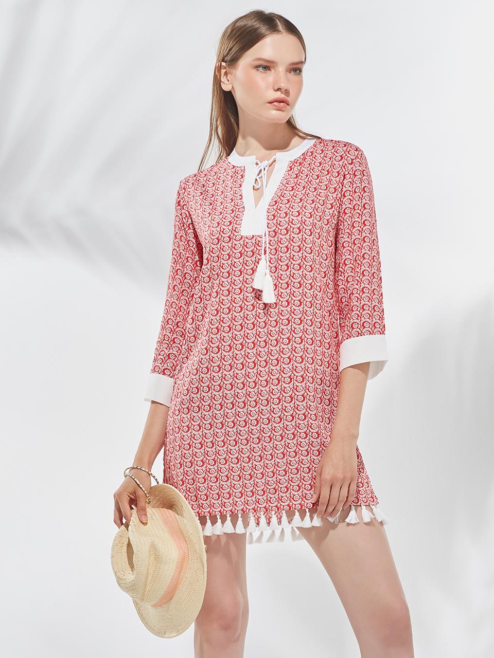 bohemianblue Summer Blossom Tassel Beach Tunic - Scarlet