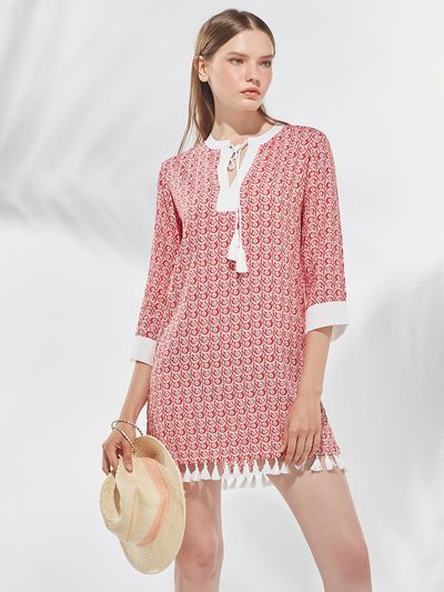 bohemianblue Summer Blossom Tassel Beach Tunic - Scarlet