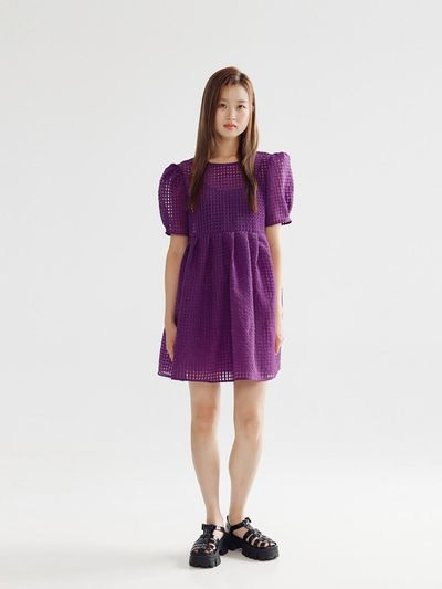 bomnal boutique CHECK VOLUME MINI DRESS - DEEP PURPLE