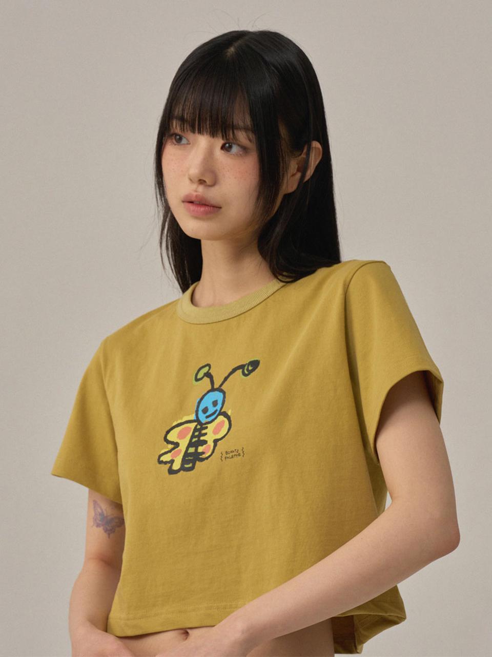 BONATS PALETTE Front Graphic Print Crop T-shirt [Dark Yellow]