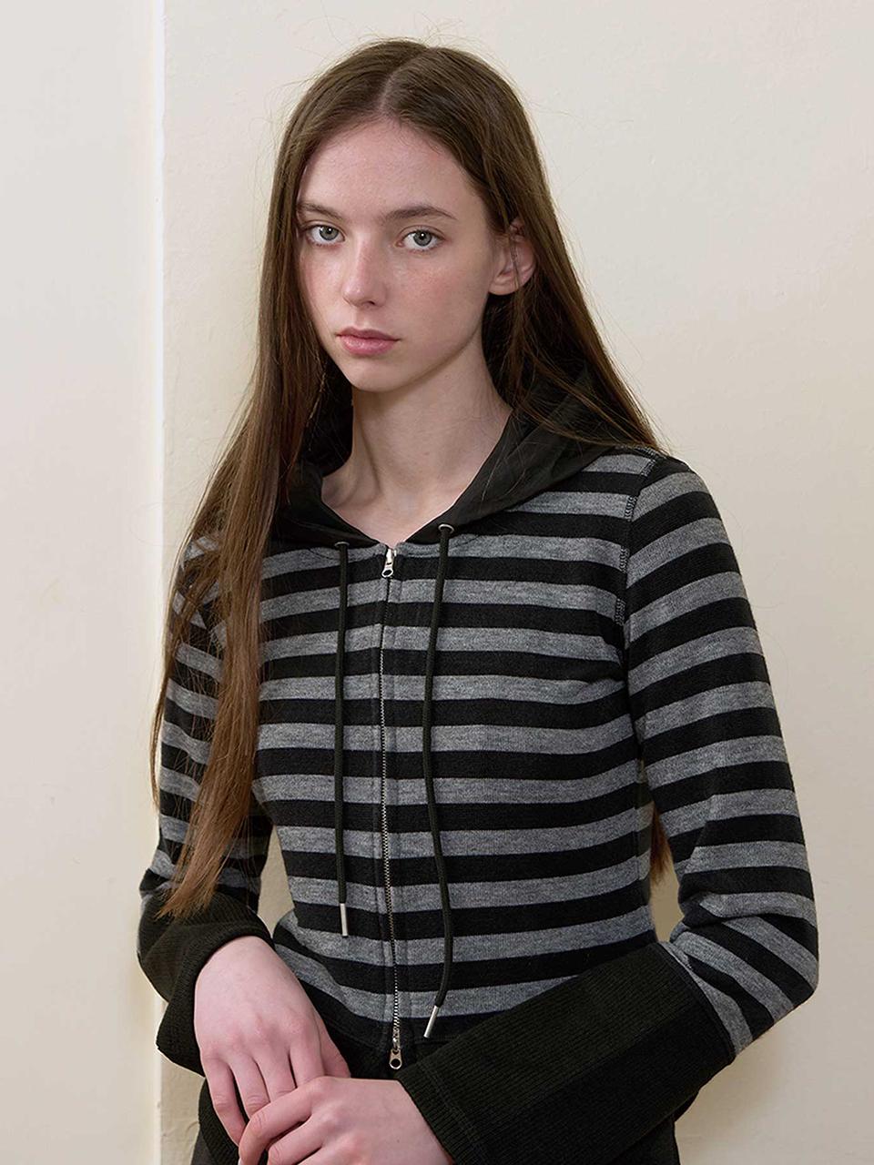 BONATS PALETTE Nylon Hooded Stripe Knit Zip-up [BLACK]