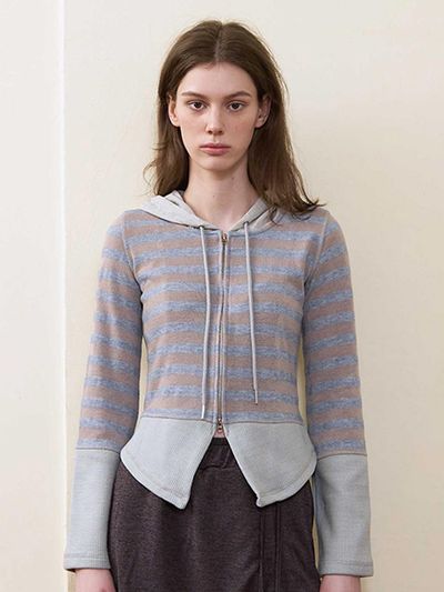 BONATS PALETTE Nylon Hooded Stripe Knit Zip-up [GRAY]