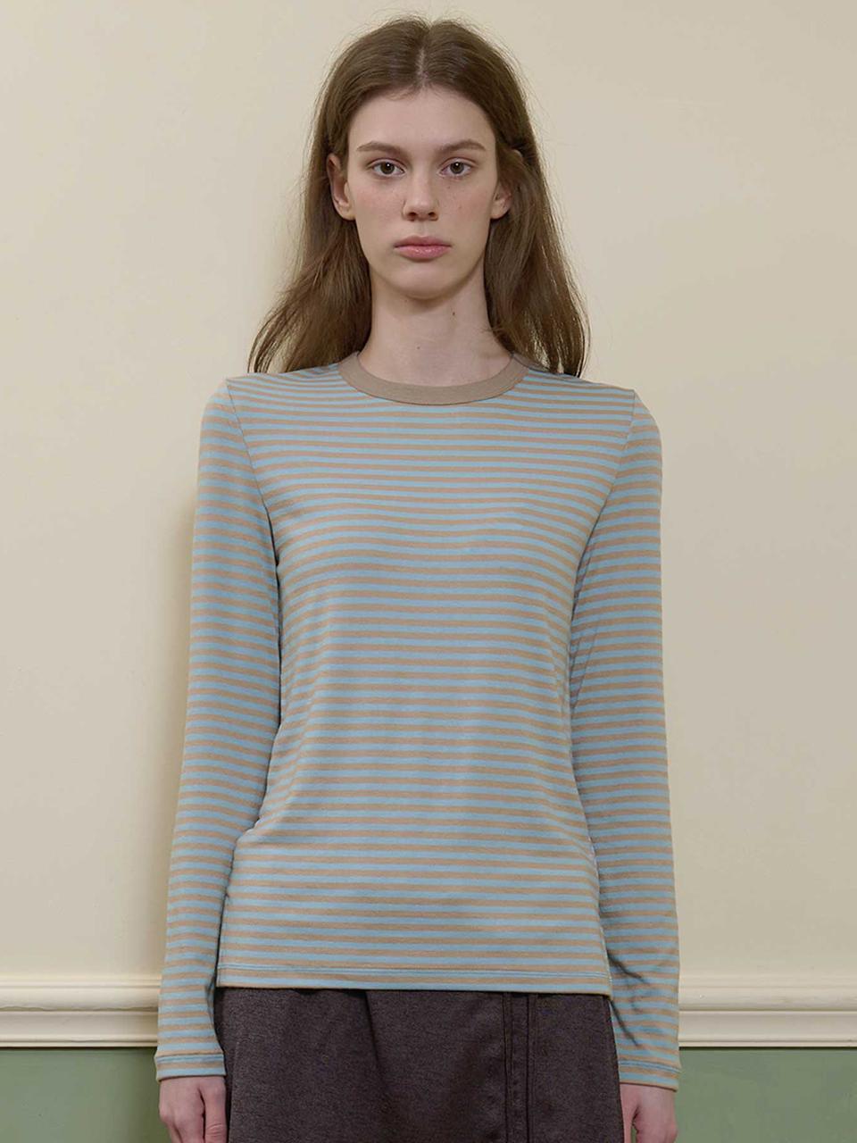 BONATS PALETTE Stripe Round Neck Long Sleeve T-Shirt [Sky Blue]