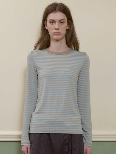 BONATS PALETTE Stripe Round Neck Long Sleeve T-Shirt [Sky Blue]