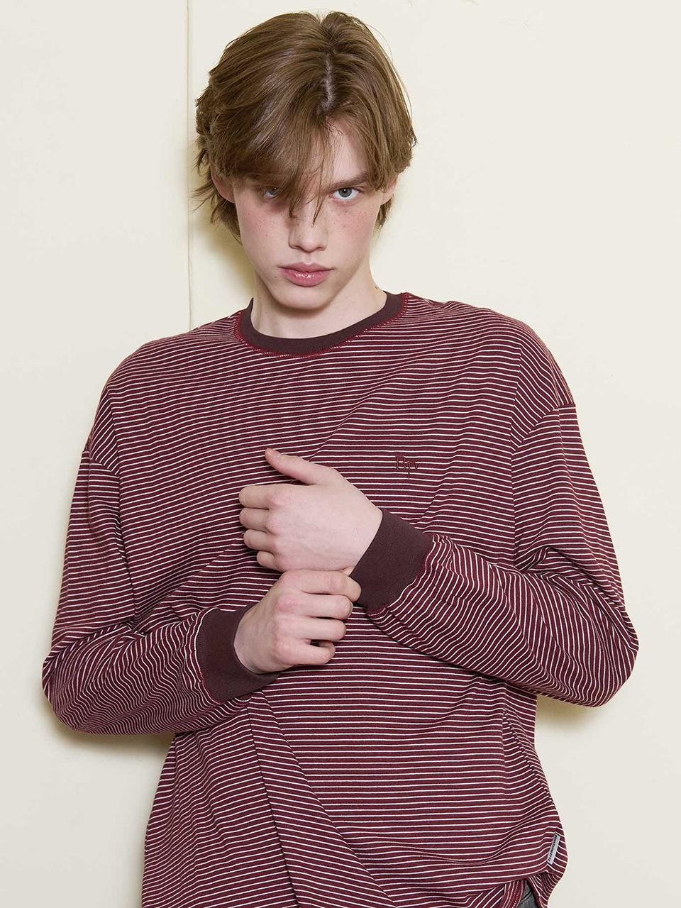 BONATS PALETTE Striped Basic Long Sleeve T-Shirt [BURGUNDY]