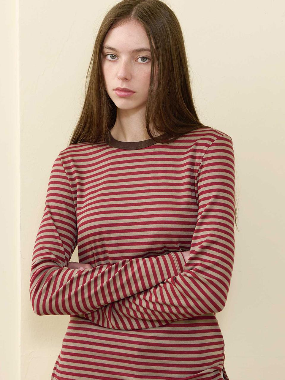 BONATS PALETTE Striped Round Neck Long Sleeve T-Shirt [RED]