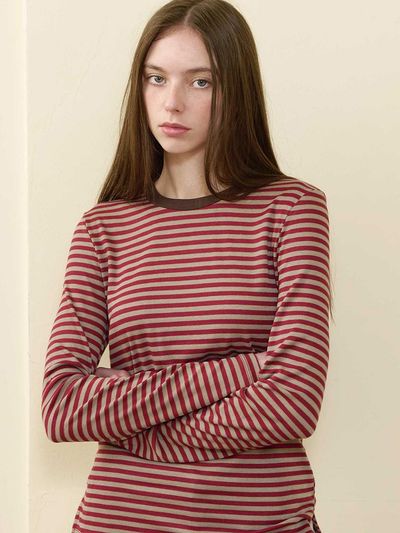 BONATS PALETTE Striped Round Neck Long Sleeve T-Shirt [RED]