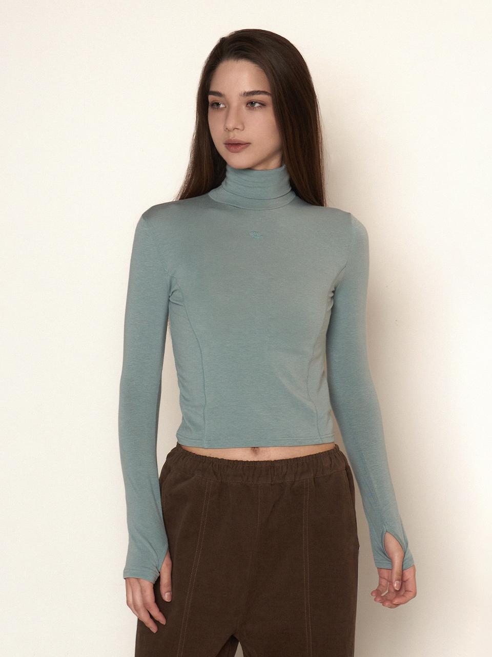 BONATS PALETTE Tencel Turtleneck Hand Warmer T-shirt [GRAY BLUE]