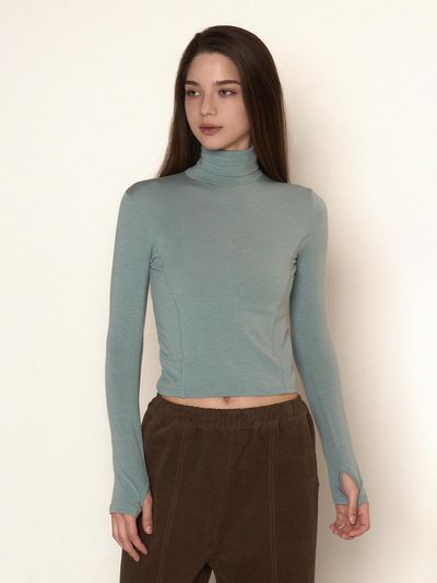 BONATS PALETTE Tencel Turtleneck Hand Warmer T-shirt [GRAY BLUE]