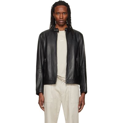 BOSS BOSS Black Logo Trim Grained Leather Jacket