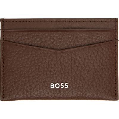 BOSS BOSS Brown Grained-Leather Metal Logo Card Holder