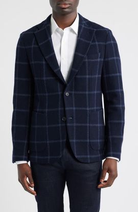 BOSS BOSS Hanry Slim Fit Navy Windowpane Check Wool Blend Twill Sport Coat