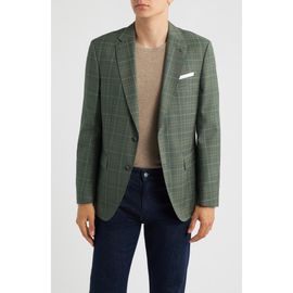 BOSS BOSS Hutson Slim Fit Green Windowpane Check Virgin Wool Sport Coat 
