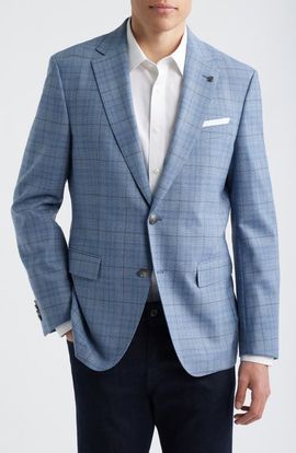 BOSS BOSS Hutson Slim Fit Light Blue Windowpane Check Slub Sport Coat