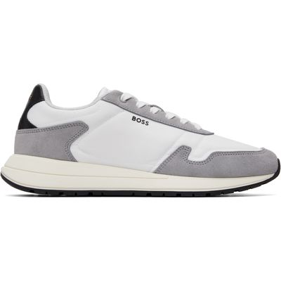 BOSS BOSS White & Gray Lightweight Fabric Suede Trim Sneakers