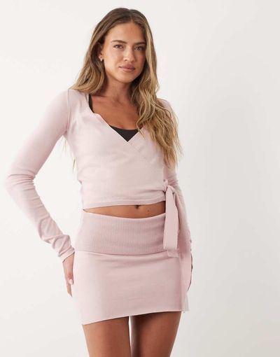 Bo+Tee Bo+Tee foldover waistband mid rise mini skirt in blush pink - part of a set
