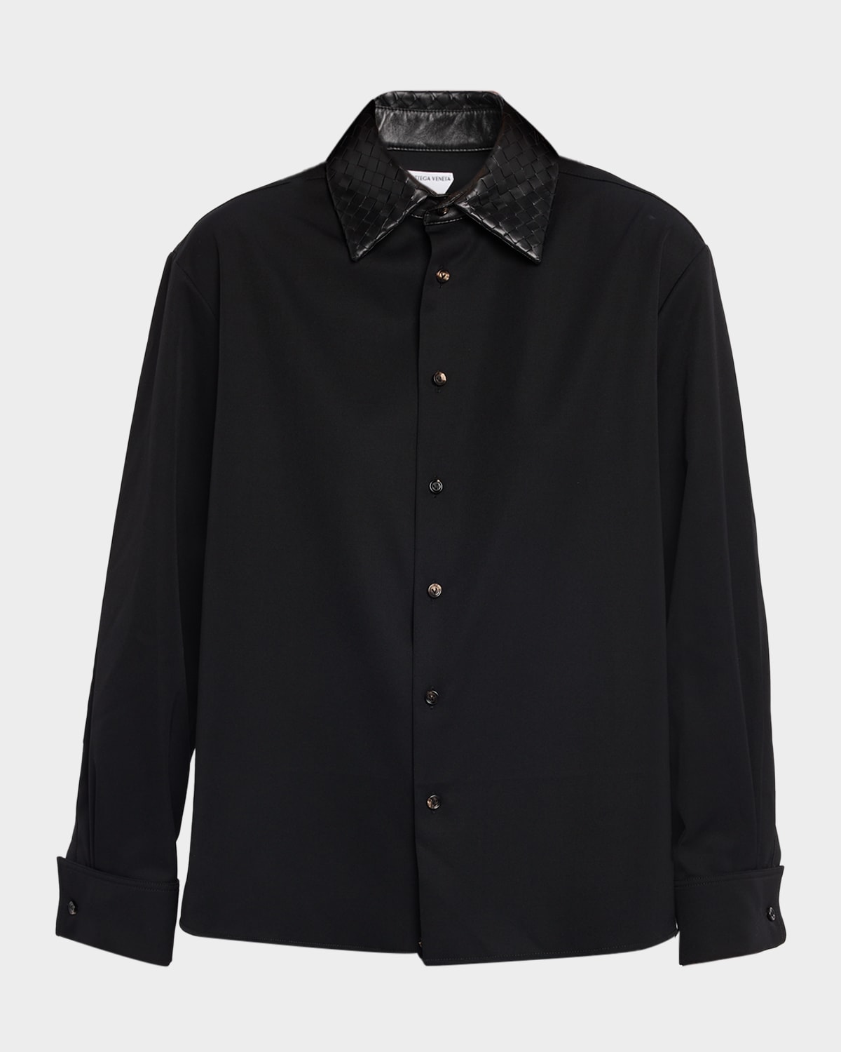 Bottega Veneta Intrecciato-Leather-Collar Wool Shirt