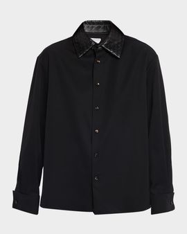Bottega Veneta Intrecciato-Leather-Collar Wool Shirt