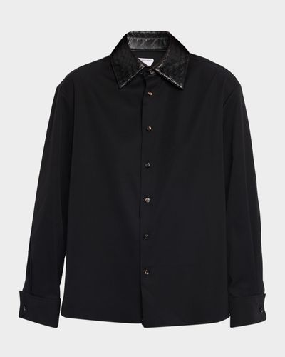 Bottega Veneta Intrecciato-Leather-Collar Wool Shirt