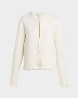 Bottega Veneta Intrecciato Button Fringed Wool Crewneck Cardigan