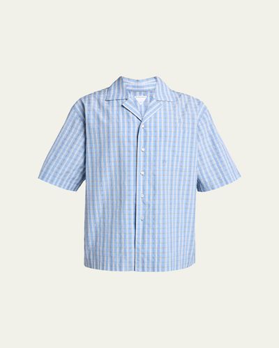 Bottega Veneta Men's Cotton and Silk Textured Plaid Short-Sleeve Shirt