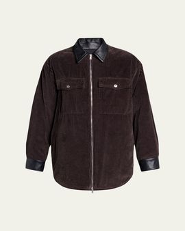 Bottega Veneta Men's Cotton Corduroy Leather-Trim Shirt Jacket
